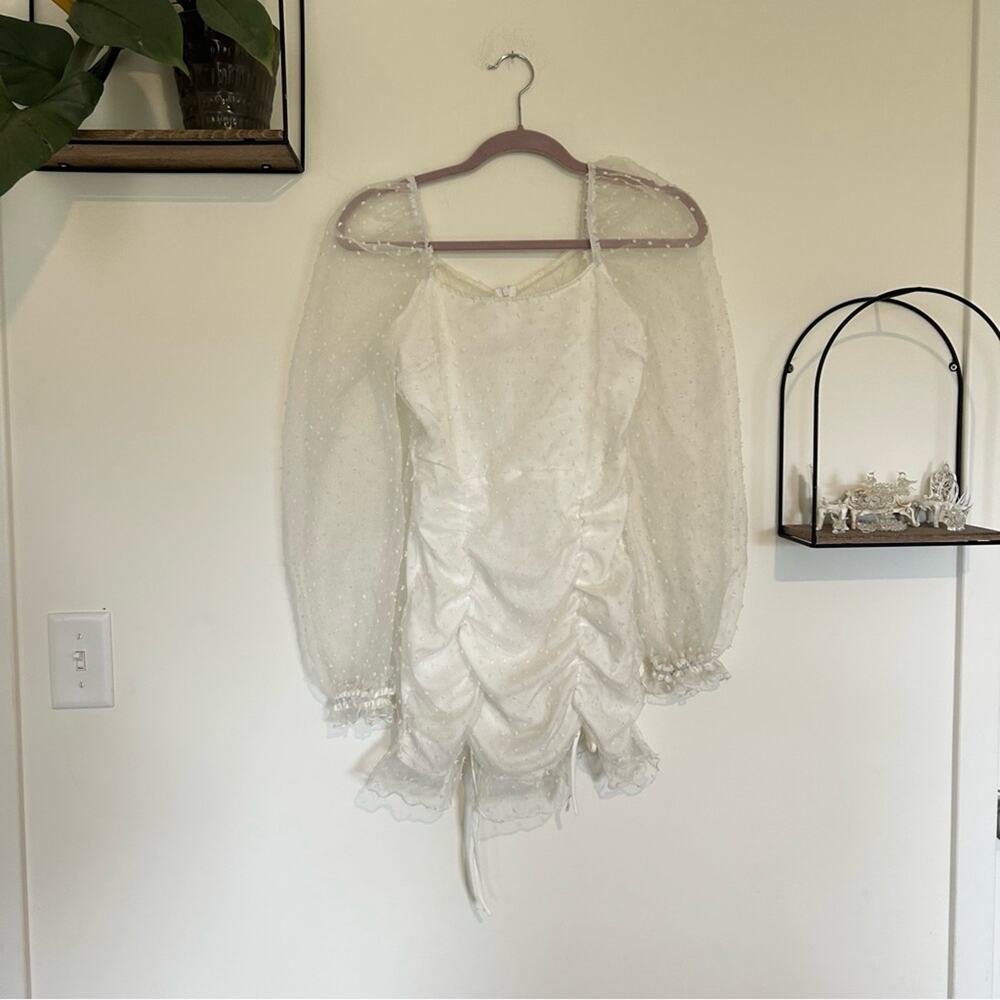 Lucy in the Sky White Sheer Long Puff Sleeve Ruched Front Mini Dress Size Medium